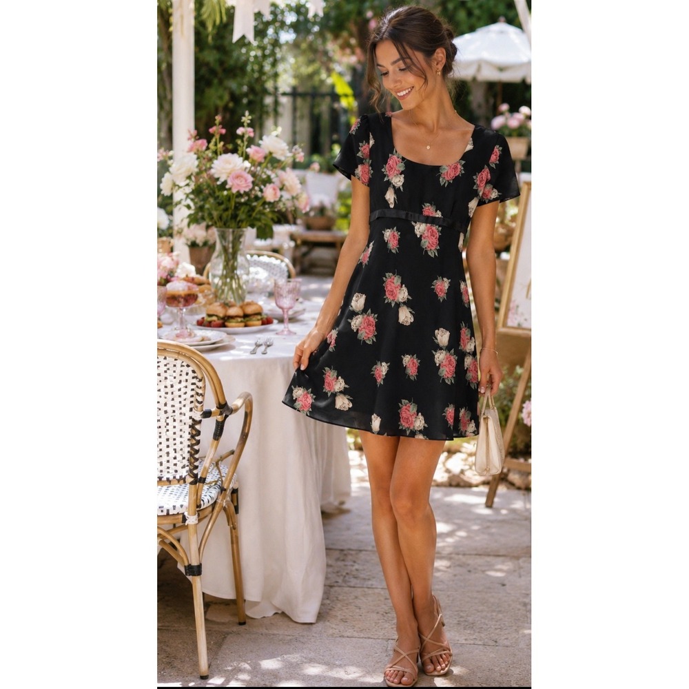 Vintage Virgo II Y2K Black Floral Rose Empire Waist Romantic Mini Dress 14 EUC